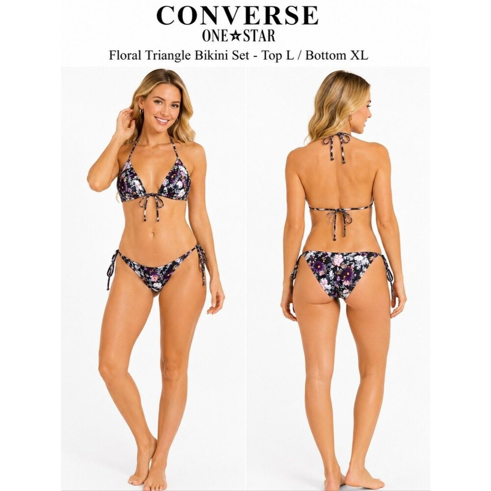 Converse One Star Floral Triangle Bikini Set Women Black Purple NWT Top L Bottom